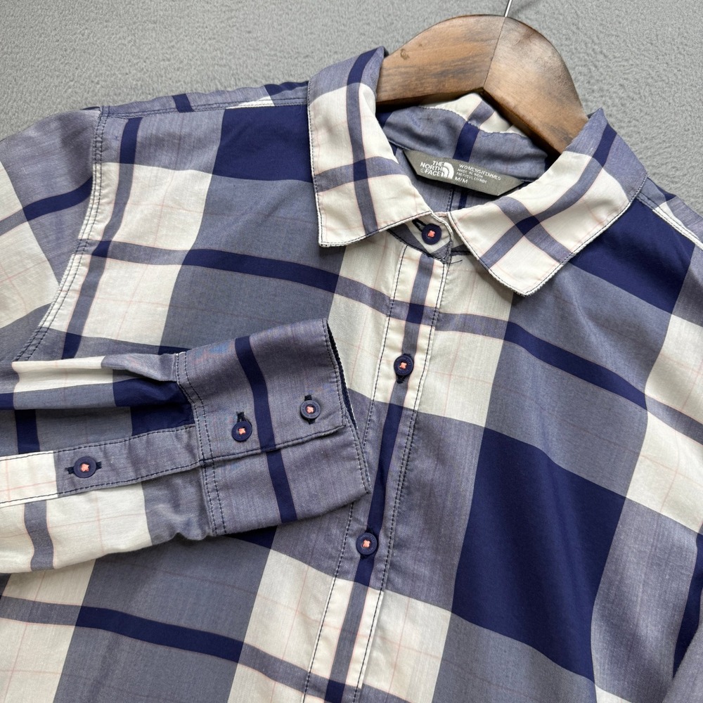 The North Face Plaid Button Up Shirt Womens Medium Blue/White Cotton Nylon Top